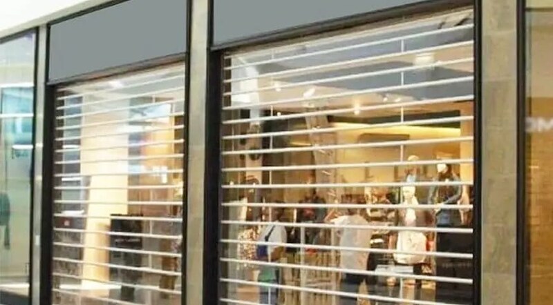 Roller shutters fitted to a retail shopfront in a shopping mall
